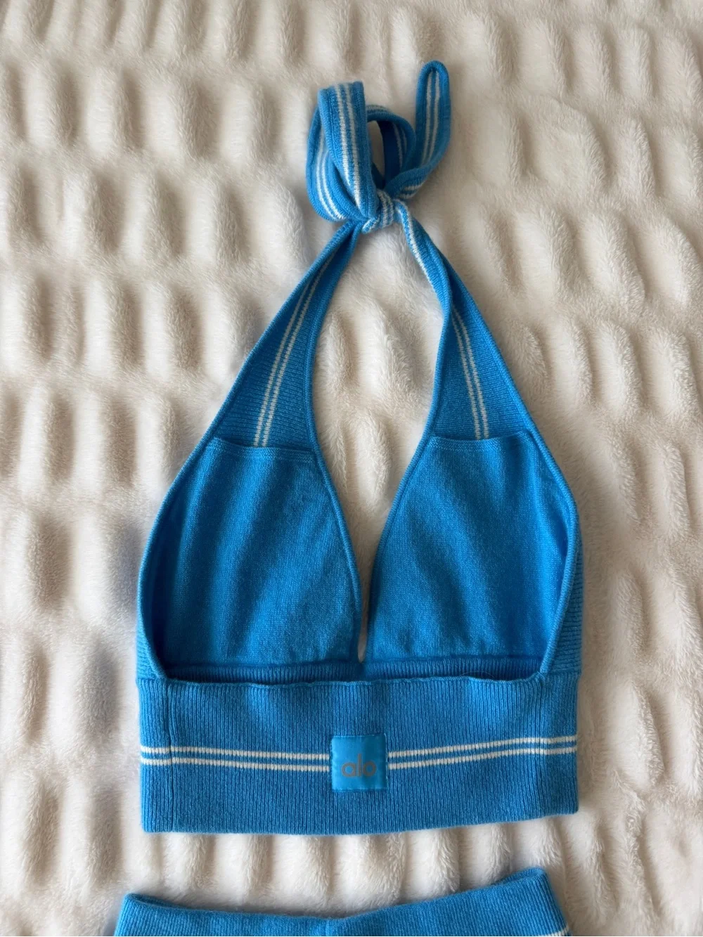Alo Yoga Cashmere Mini Stripe Halter Top & Shorts Set in Azure Blue/White
